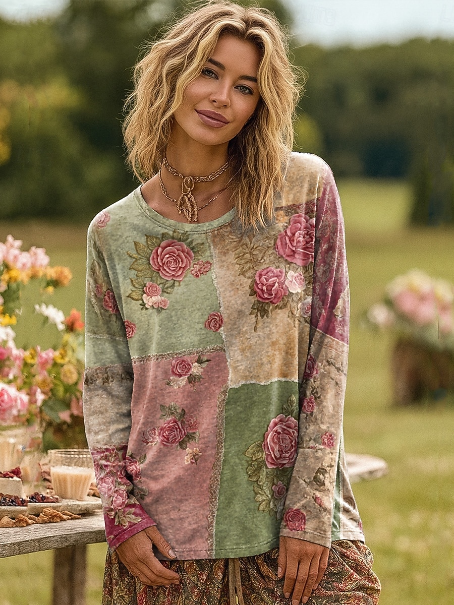 Dame Plus Size T-skjorte Blomster Fargegradient Oljemaleri blomster Grunnleggende Langermet Rund Hals Vanlige topper Daglig Gå ut Weekend Trykk Rosa Rød Blå Lilla Grønn Vår Høst Forhøst 2025 - $19.99 –P4