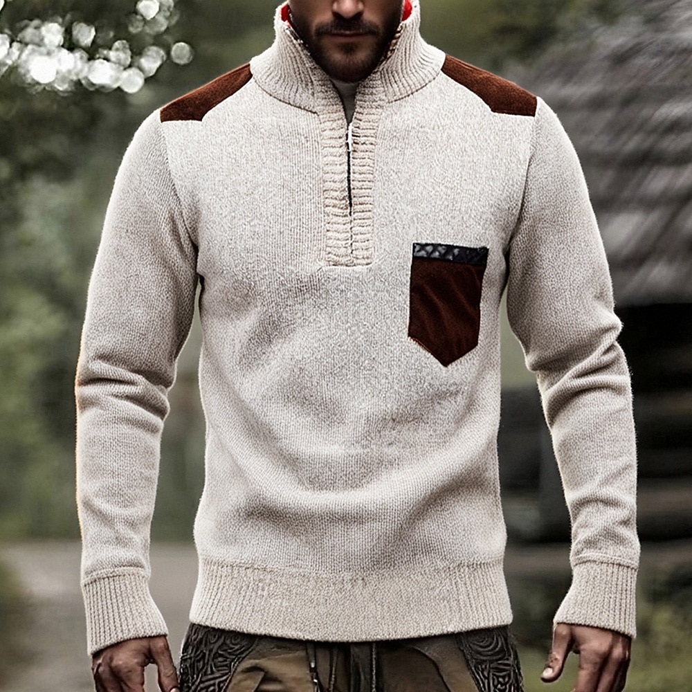 Herren Pullover Pullover mit Viertelreißverschluss Strickpullover Gerippt Stricken Normale Oberteile Spleißen Gestrickt Farbblock Stehkragen Mode Lässig Urlaub Alltagskleidung Bekleidung Herbst Winter 2025 - $23.99 –P1