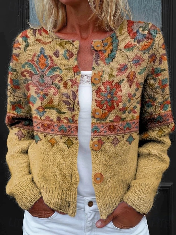 Dames Cardigan Trui Gebreide Ribbel Knop Voor Ronde Hals Lange Mouwen Lichtgewicht Dagelijks Geometrisch Paisley Crew Hals Knoppen Print Reguliere Tops Brei Buiten Weekend Zwart Geel Lent Herfst 2026 - $41.99 –P4