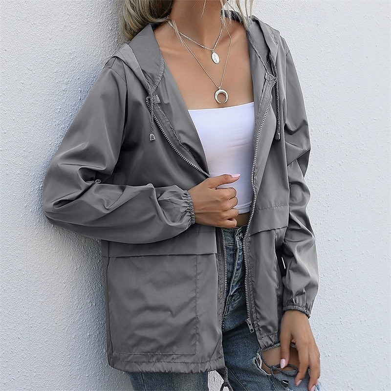 Mulheres Jaqueta casual Jaquetas de chuva impermeáveis Capas de chuva Prova-de-Água A Prova de Vento Zíper Bolsos Moda Ao ar livre Tecido Para Noite Final de semana Zíper Padrão Com Capuz Normal de 2025 por $25.99 –P1