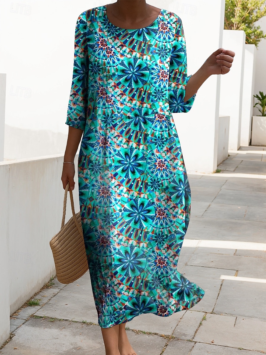 Damen Maxi Kleid Kaftan 3/4 Länge Ärmel Rundhalsausschnitt Lässiges Shift Kleid A-Linie Kleid Kleid Boho Alltag Urlaub Date Grafisch Geometrisch Rot Hellbraun Blau Beige Frühling 2025 - $41.99 –P2
