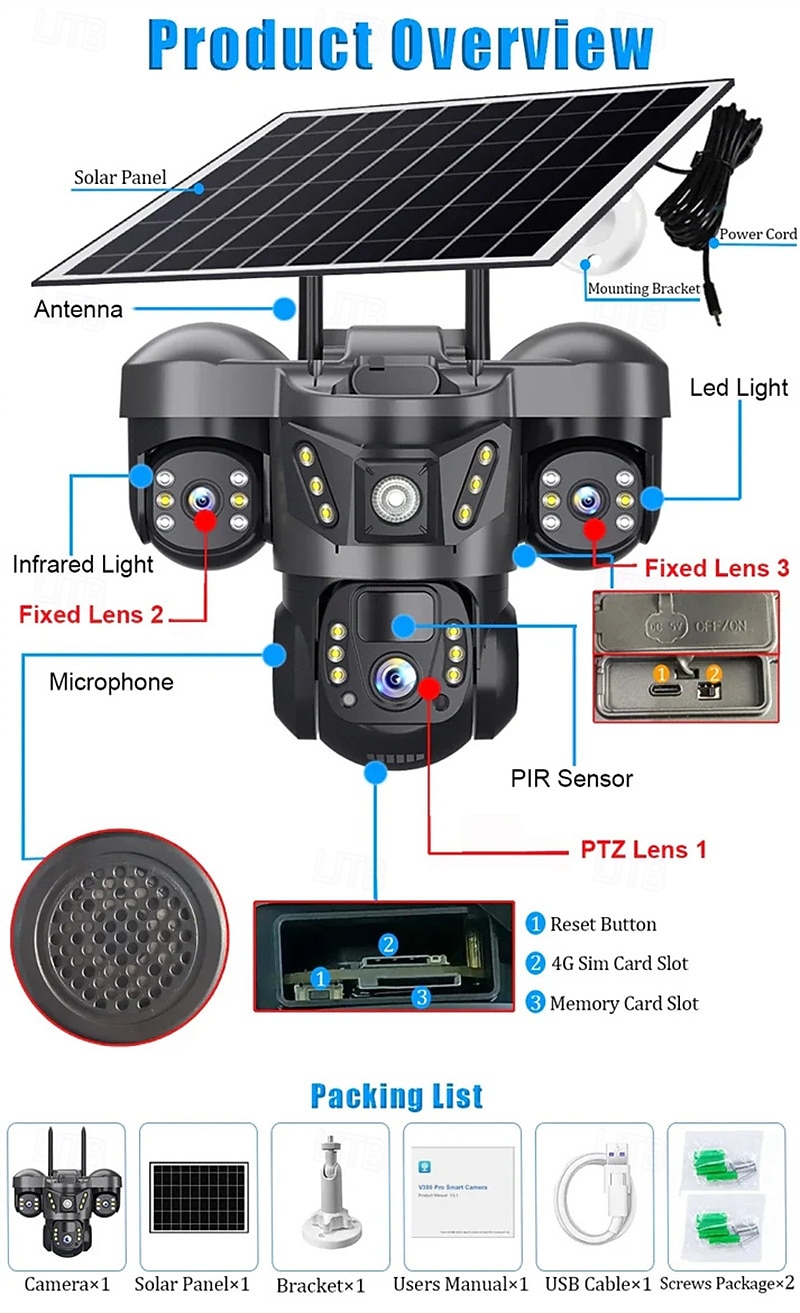 Solar Camera Three Lens Two-Way Audio Outdoor IP66 Waterproof Built-in Battery Security CCTV 6K HD 4G Network Camera 2026 - $138.99 –P13