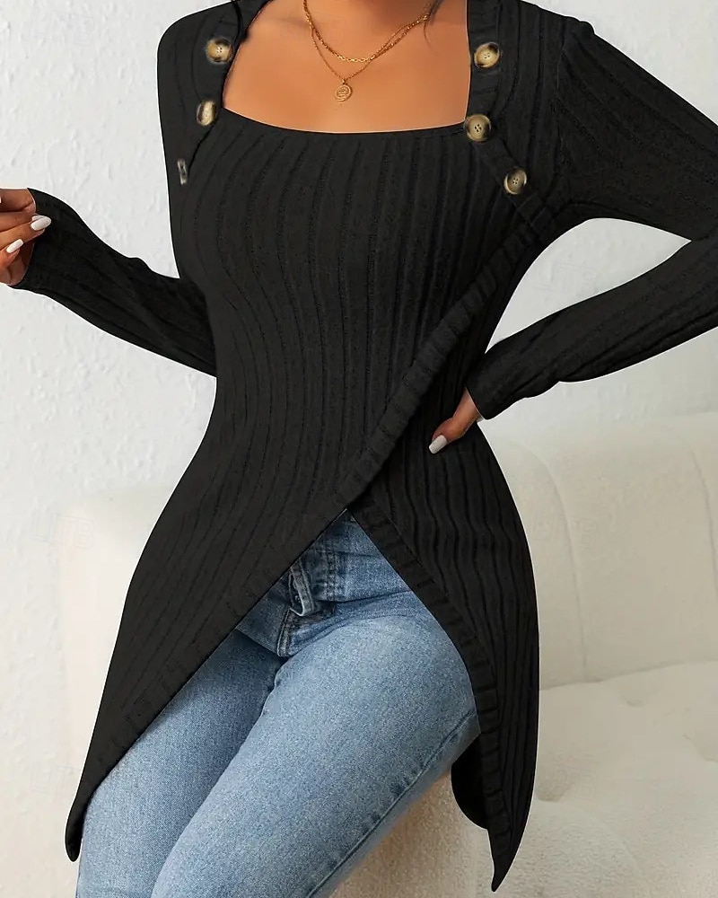 Women's T Shirt Tee Top Buttons Asymmetrical Solid Color Elegant Fashion Long Sleeve Square Neck Regular Tops Daily Weekend Black Brown Rose Pink Gray Spring Fall 2026 - $22.99 –P2