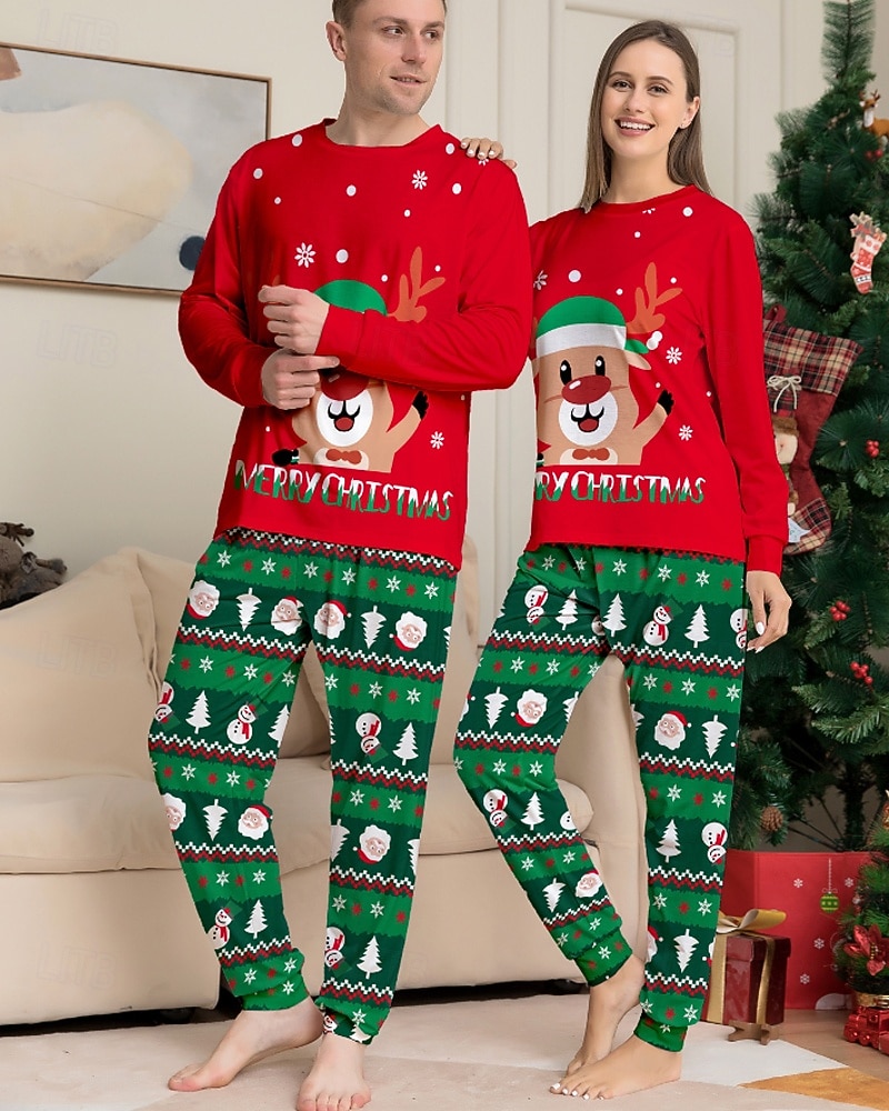 2025年 ファミリールック パジャマ クリスマス柄 家 プリント ルビーレッド 長袖 活発的 マッチング衣装  コレクション – $19.49 –P2