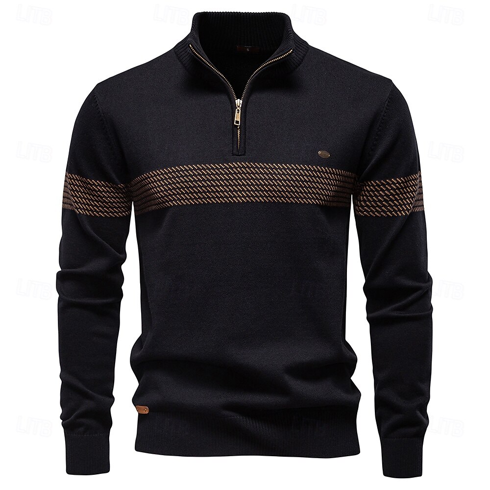 Homens Pulôver Tricotar Tops regulares Half Zip Listas Tecido Colarinho Clerical Legal Pulôver Escola Férias Roupa Primavera Outono Preto Azul Marinho Escuro S M L de 2026 por $53.99 –P1