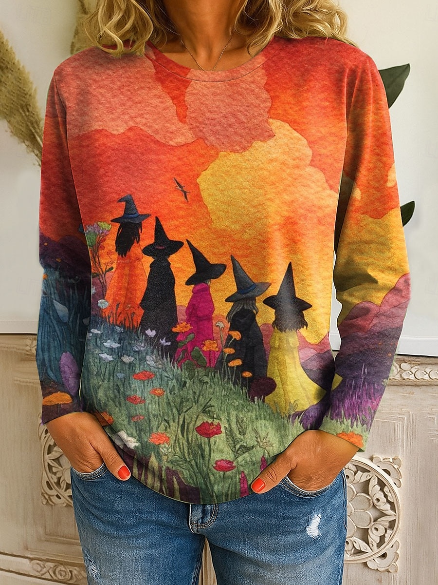 Halloween Femmes T-shirt Graphique Sorcière ancien Mode Élégant manche longue Col ras du cou Hauts Réguliers Quotidien Imprimé Jaune Bleu Orange Vert Automne Hiver de 2025 ? $22.99 –P1