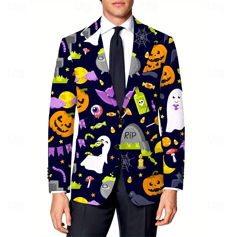Halloween Męskie Płaszcz Marynarka Na zewnątrz Ulica Codzienny Codzienne W stylu brytyjskim Na każdy sezon 100% poliester Dynia Druk 3D Guziki Keep Warm Wygodny Guziki jednorzędowe Blezer Niebieski 2025 - $73.99 –P2