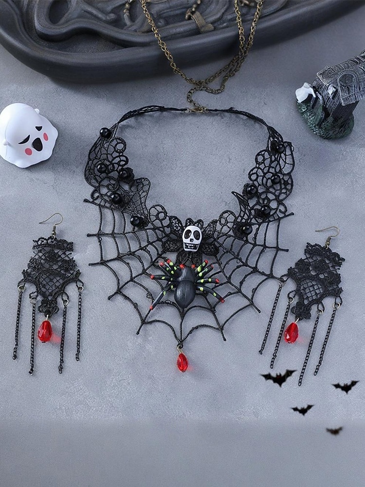 Conjunto de collar y pendientes de araña y calavera de Halloween para mujer: diseño de red de encaje negro con gema roja, perfecto para fiestas y disfraces de Halloween. 2025 - $14.99 –P2