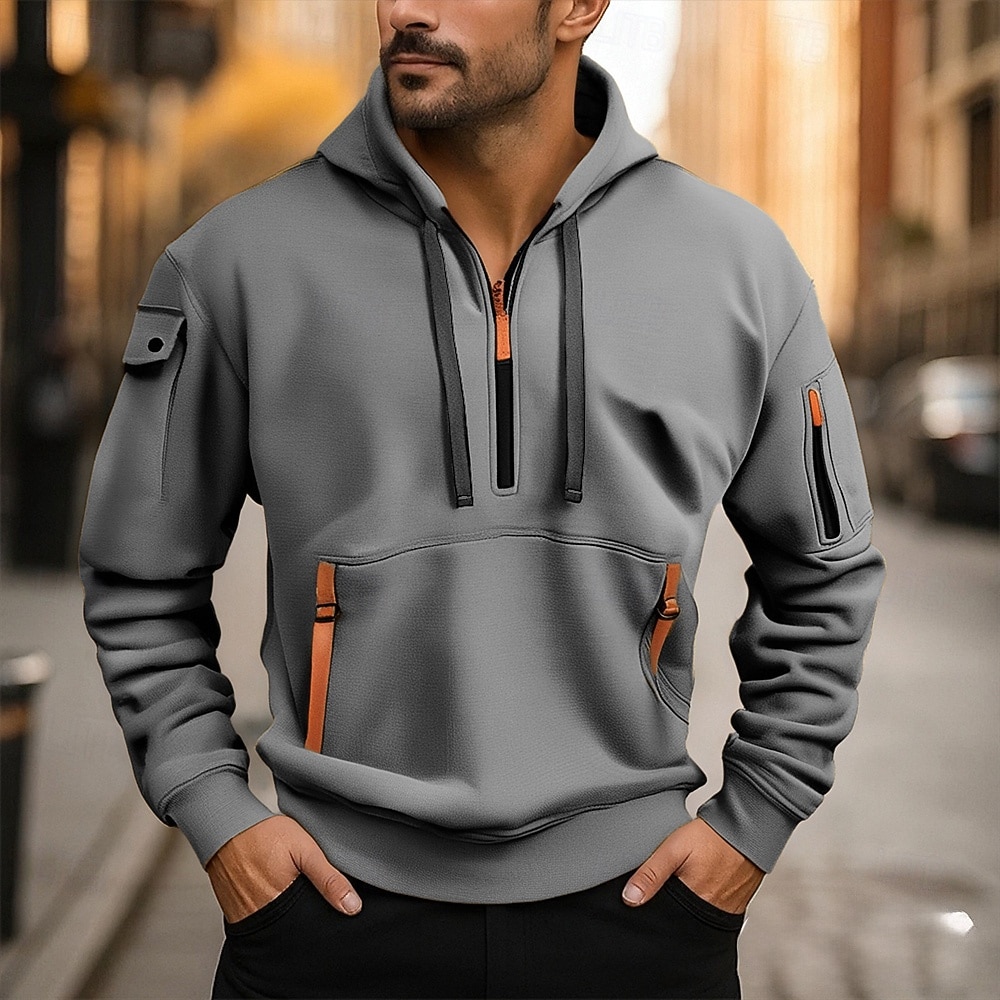 Voor heren Trui met capuchon Hoodie met kwartrits Zwart Wijn Marineblauw Khaki Grijs Capuchon Effen Zak Sport & Outdoor Dagelijks Feestdagen Polyester Streetwear Basic Casual Lente Herfst Kleding 2026 - $22.99 –P3