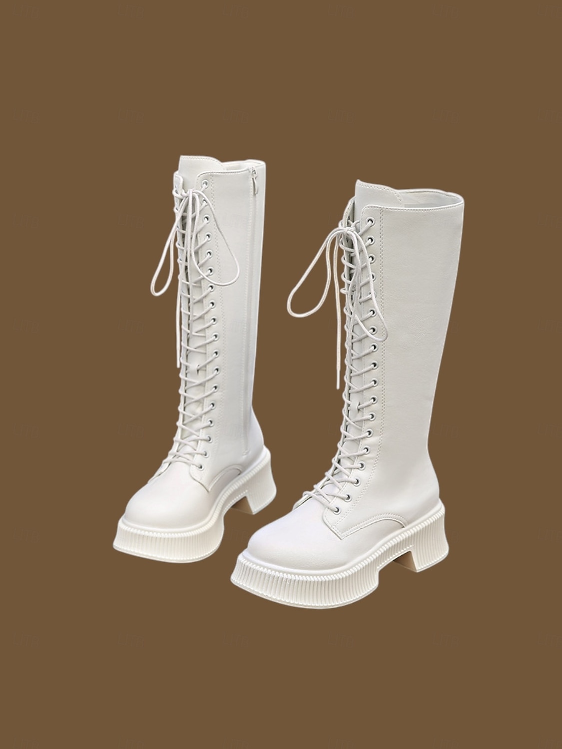 Botas femininas de couro sintético, cano alto, com cadarço, zíper lateral e sola plataforma grossa, calçado casual urbano de 2025 por $34.99 –P6