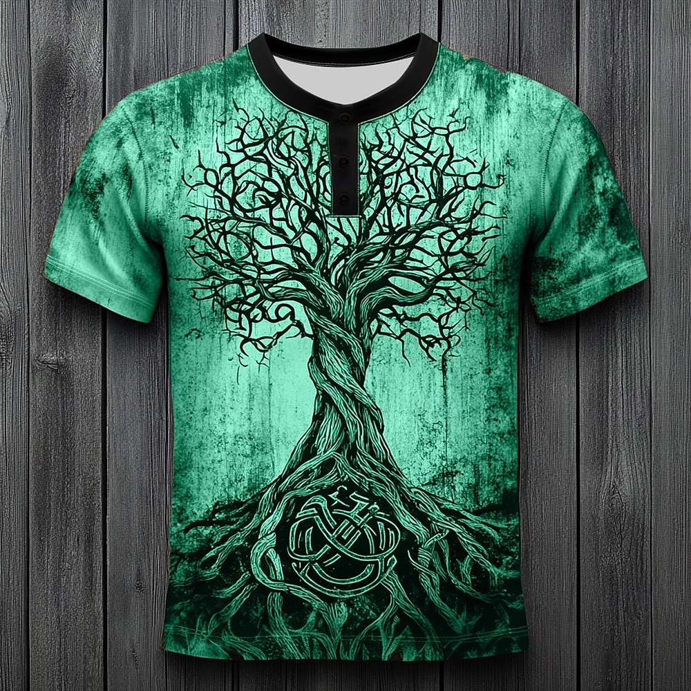 Men's Tree Pattern T Shirt Henley Shirt Short Sleeve Vintage Designer Retro Vintage Casual Daily Street Summer Spring All Seasons Blue Dark Green Purple Orange khaki Henley Henley T-Shirt 2026 - $20.99 –P6