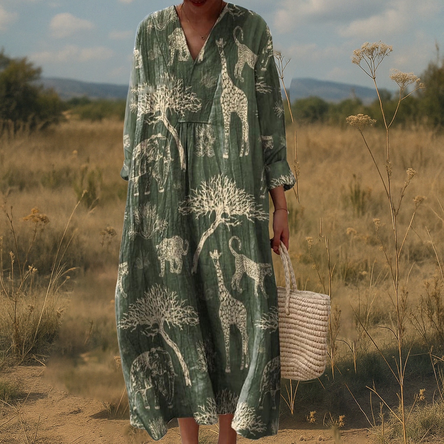 Femmes Robe Midi Robe Décontractée Robe Imprimée Mode Moderne Quotidien Plage Week-end Coupe régulière Fleuri manche longue Col en V Noir Jaune Vert Automne de 2025 ? $32.99 –P1