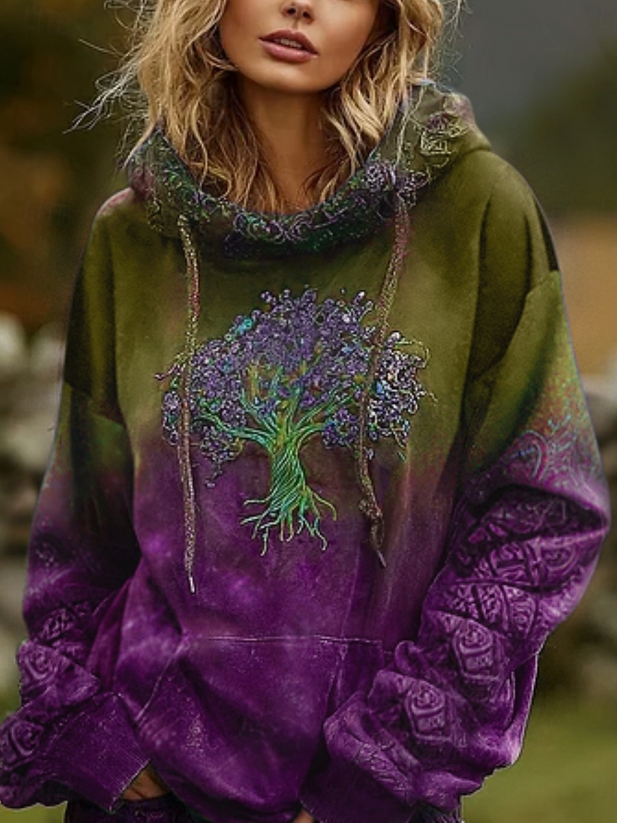 Dámské mikiny s kapucí s potiskem Vintage Denní ležérní Dlouhý rukáv Výstřih do V Regular Tops Tričko Kmenový Strom života Vintage Designer Dovolená Pouliční oblečení Jdeme ven Denní Svátek Potisk Víno Červená Tmavě Zelená Podzim Zima 2025 - $10.99 –P4