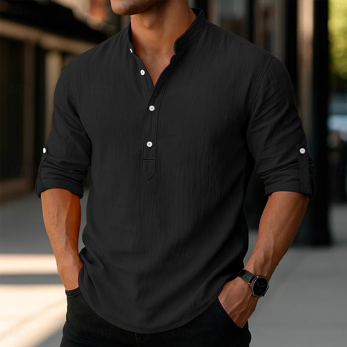 Per uomo Camicia di lino Camicia con colletto alla coreana Camicia popover Camicia casual Camicia da Spiaggia Semplice Vacanza Camicia hawaiana Nero Bianco Rosa Arancione Manica Lunga Henley del 2025 a $23.99 –P13