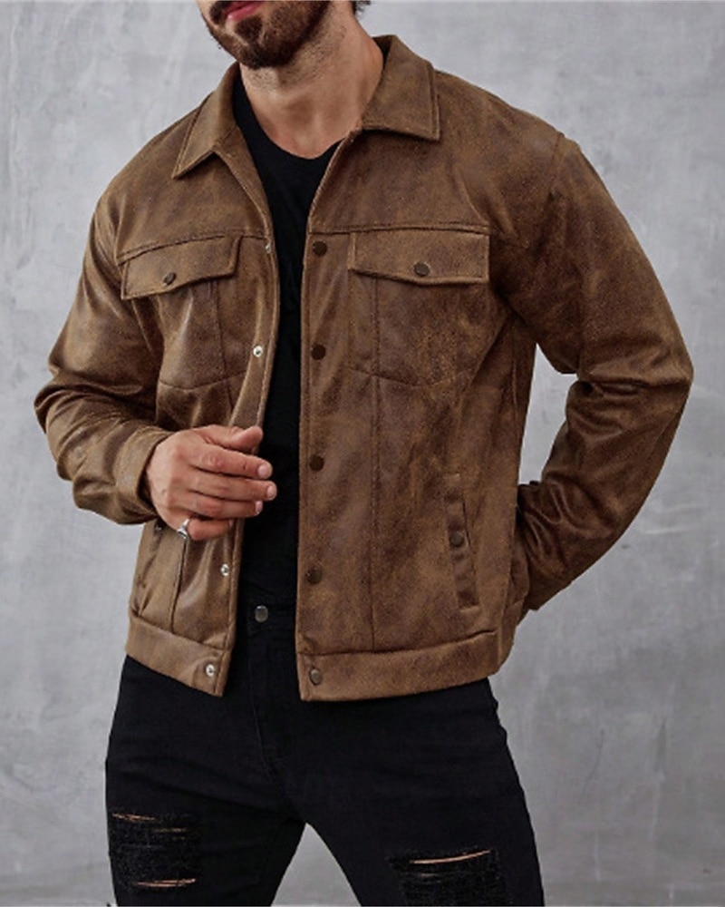 Per uomo Giacca in Ecopelle Giacca in finta pelle scamosciata Vacanza Quotidiano Antivento Caldo Tasca Autunno Inverno Semplice Moda Classico Bavero Regolare Marrone Giacca del 2025 a $39.99 –P5
