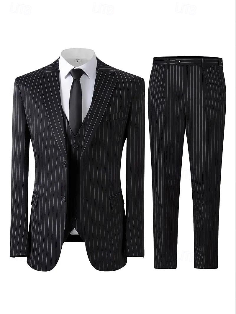 Uomo Abiti da lavoro Casuale Semi-Formale Nero Primavera, Autunno, Inverno, Estate Tuta Bavero classico Formale A righe Vestibilità su misura 3 pezzi Monopetto Due Bottoni del 2026 a $136.99 –P3