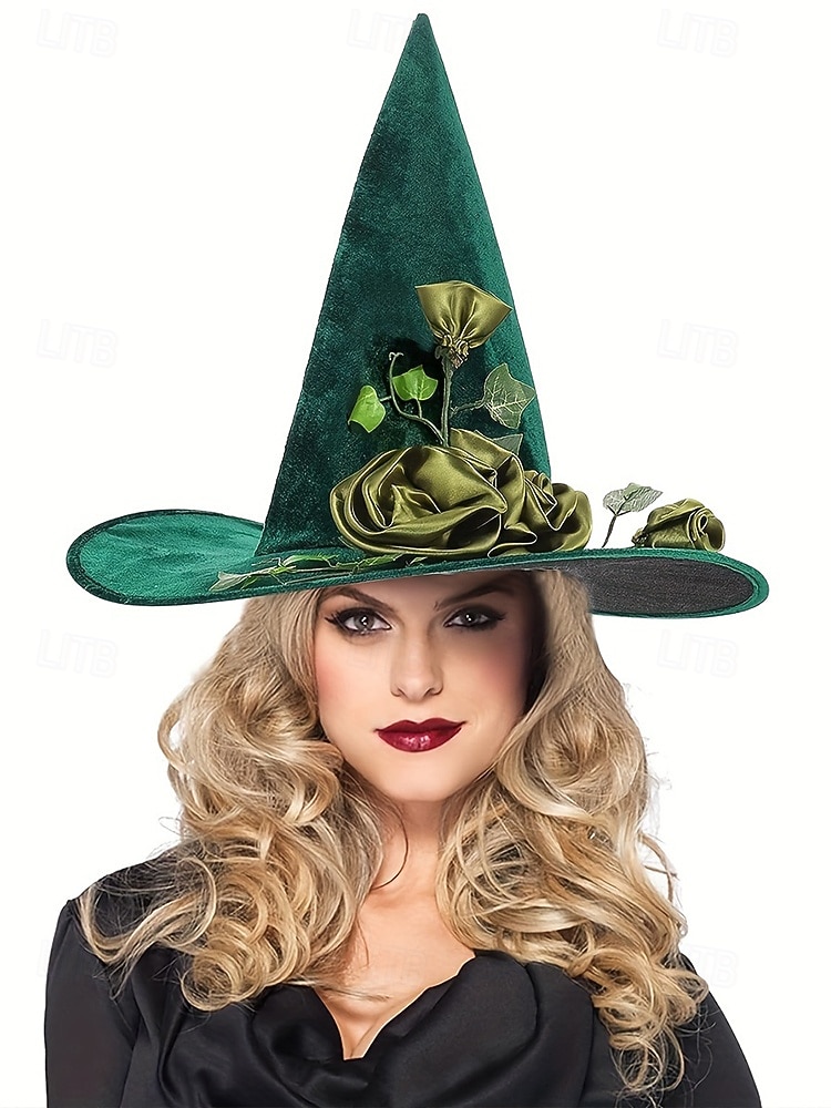 Dámský zelený sametový čarodějnický klobouk se saténovými růžemi a břečťanem – elegantní halloweenský kostýmní klobouk na večírky a tematické akce 2025 - $14.99 –P4
