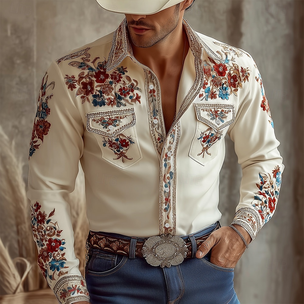 Herre 3D-utskrift Blomstermønster Blomster Western skjorte Skjorte med knapper Cowboyskjorte Langermet Vintage retro utendørs Ferie Vår Høst Aftæpning krage skjorter To lommer foran Rosa Beige 2026 - $31.99 –P1