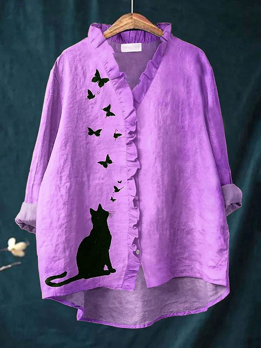 Dame Bluse Grafisk Katt Sommerfugl Elegant Bohem Aktiv Langermet V-hals Lange topper Daglig Ferie Ut på byen Drapering Gul Rosa Blå Lilla Grønn Vår Høst 2025 - $24.99 –P5