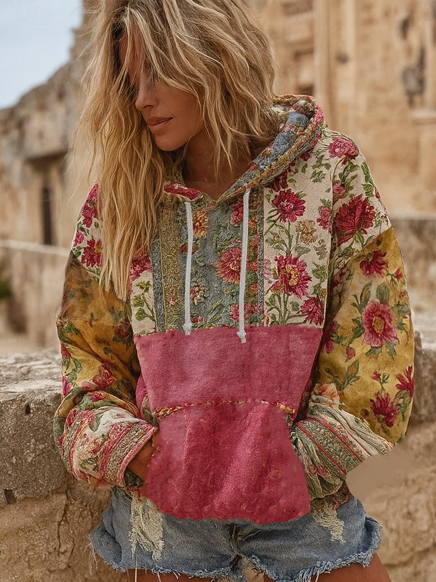 Mulheres Pulôver Moletom Com Capuz Floral Gráfico Casual Boho Manga Longa Com Capuz Tops regulares Rua Dia a Dia Patchwork Imprimir Bolso frontal Vermelho Outono Inverno de 2025 por $26.99 –P1
