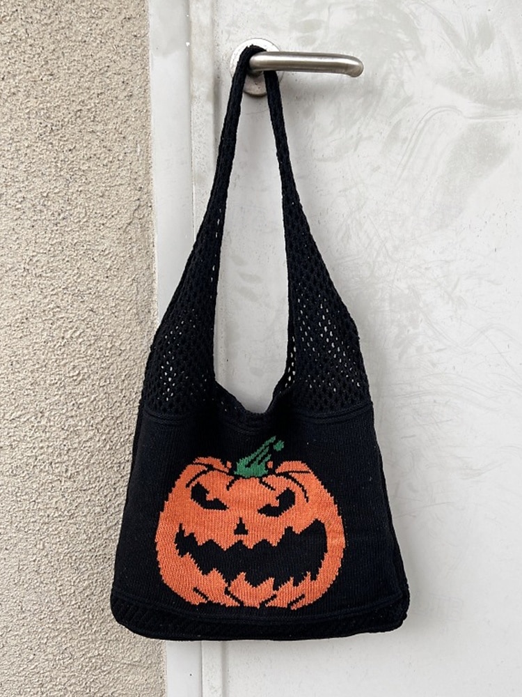 Dámská pletená taška s motivem dýně na Halloween, černá kabelka přes rameno, ležérní nákupní taška na koledování na festivaly, večírky a každodenní nošení 2025 - $14.99 –P6