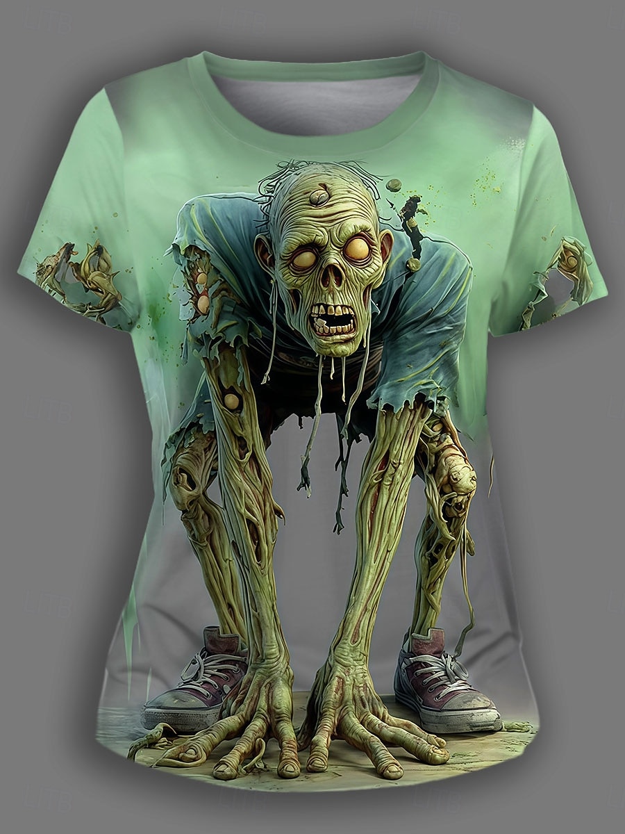 Halloween Dame T skjorte Grafisk Hodeskaller Fritid Morsom Kortermet Crew-hals Rund hals Vanlige topper Daglig Ut på byen Helg Trykt mønster Gul Blå Lilla Grønn Sommer 2025 - $19.99 –P1