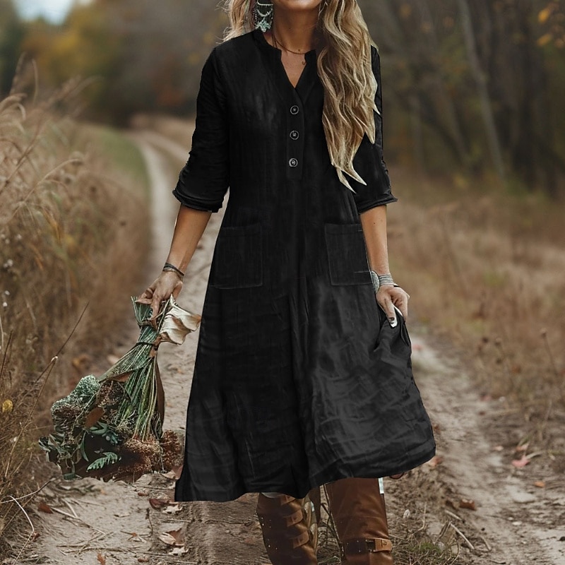 Mulheres Vestido midi Vestido casual Vestido de linho de algodão Clássico Moderno Ao ar livre Férias Feriado Normal Tecido Manga Longa Decote V Preto Roxo Laranja Azul Claro Outono de 2025 por $32.99 –P4