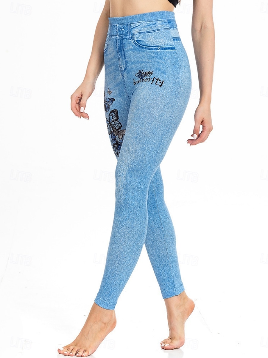 Dames Leggings Verontruste spijkerbroek Vakantie Vintage Casual Volledige lengte Hoge taille Bloemig Vlinder Elastische tailleband Opdrukken Zacht Comfortabel Rekbaar Buiten Straat blauw Luchtblauw 2026 - $24.99 –P22