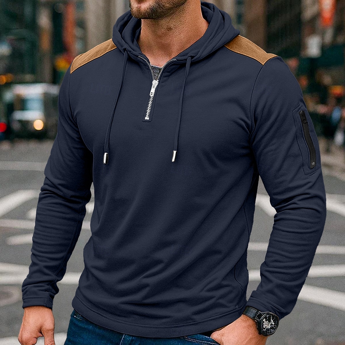 Men's Quarter Zip Tee Tee Top Long Sleeve Shirt Long Sleeve Hooded Summer Fall Patchwork Daily Casual Street Style Zipper Outdoor Street Causal Black Navy Blue khaki Top Tee for Men 2026 - $24.99 –P2