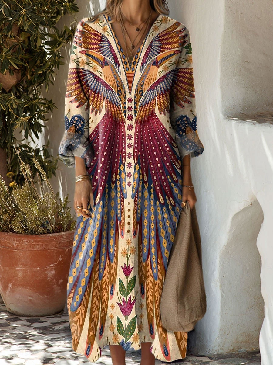 Damen Maxikleid Sommerkleid A Linie Kleid Urlaub Lässig Boho Party Ferien Strand Normale Passform Blumen Grafik Geometrisch Langarm V Ausschnitt Gelb Rote Blau Orange Sommer Frühling Herbst 2025 - $35.99 –P1