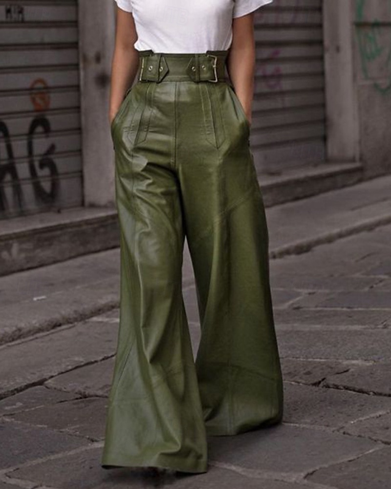 Per donna Gamba larga Pantaloni di pelle Streetwear Casual Lunghezza intera Naturale Semplice Tasca Elastico in vita Confortevole All'aperto Vacanza Ferie Nero Verde militare Autunno Vestibilit del 2025 a $32.99 –P7
