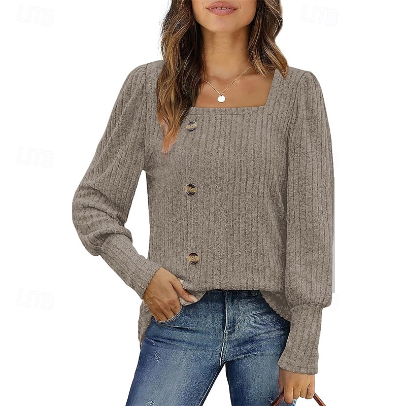 Femmes Chemisier texturé T-shirt Uni Mode Moderne manche longue Col carré Hauts Réguliers Quotidien Sortir Boutons Bordeaux Noir Rouge Marron clair Bleu Printemps Automne de 2025 ? $21.99 –P12