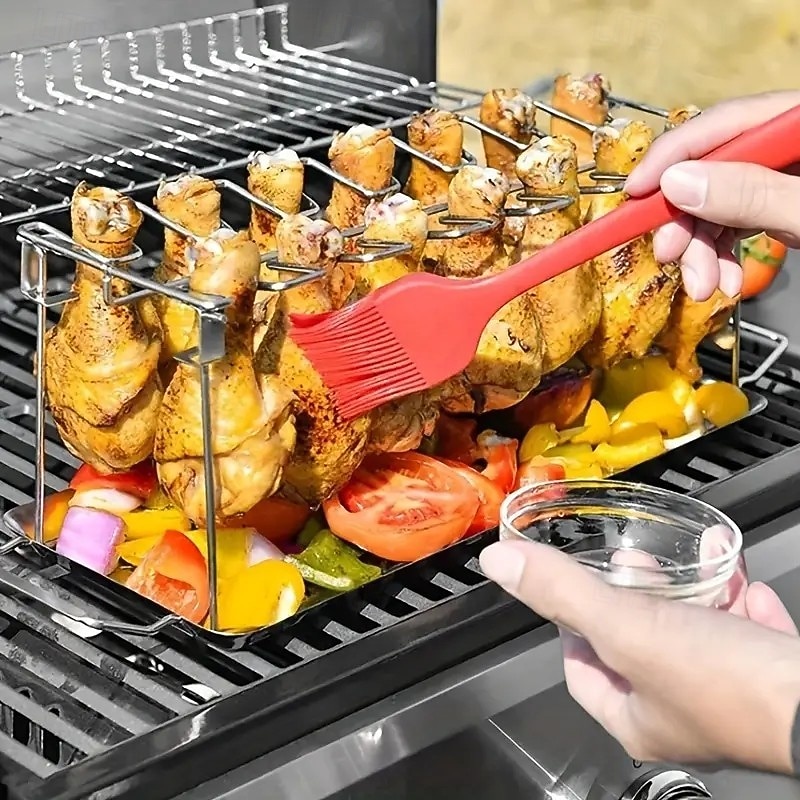 Rozsdamentes acél csirkecomb- és szárnytartó, összecsukható függőleges sütőtartó grillezéshez, füstöléshez, sütőhöz, ideális piknikezéshez és kempingezéshez, könnyen tárolható konyhai kiegészítő 2025 - $14.99 –P1