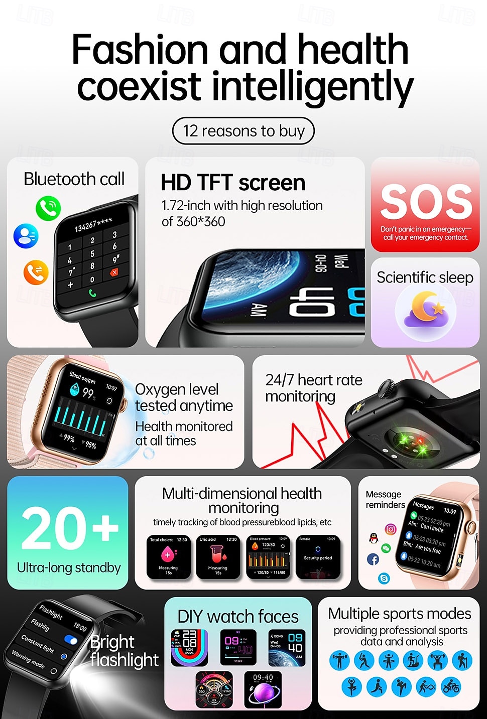 iMosi TK50 Relógio inteligente 1.72 polegada Relógio inteligente Bluetooth Monitoramento de temperatura Podômetro Aviso de Chamada Compatível com Android iOS Feminino Masculino Chamadas com Mão Livre de 2025 por $48.99 –P2