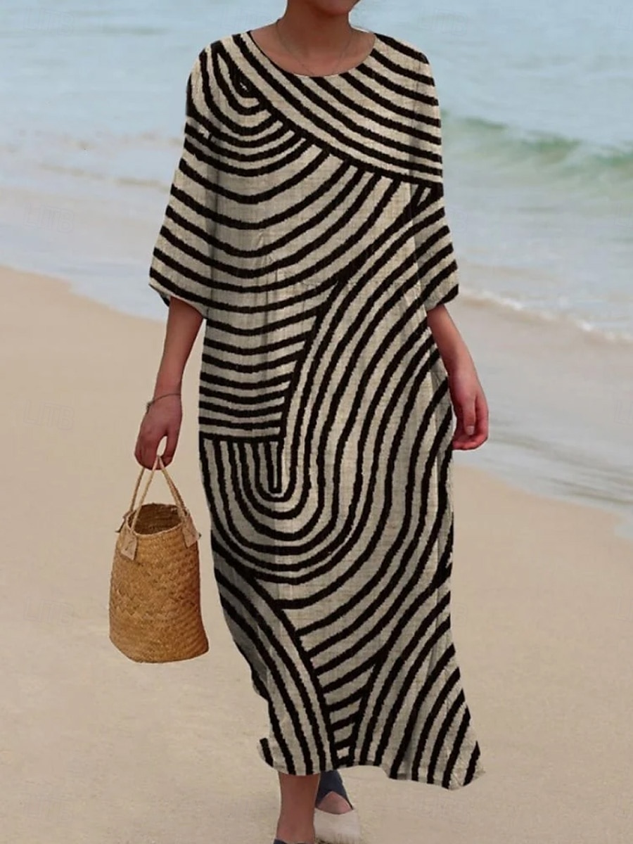 Robe maxi femme Kaftan à manches 3/4 col rond robe décontractée robe shift A-line robe Boho quotidienne rendez-vous sortie géométrique brun foncé jaune rouge violet de 2025 ? $41.99 –P1