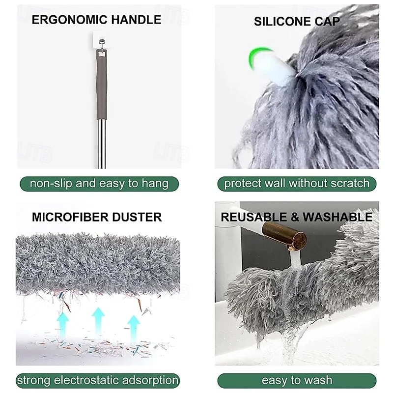 Plumero de microfibra curvo, retráctil y lavable, de 2,8 metros de largo, con mango extensible, flexible y electrostático, ideal para limpiar el hogar, ventiladores de techo de gran alcance, 2025 - $6.49 –P12