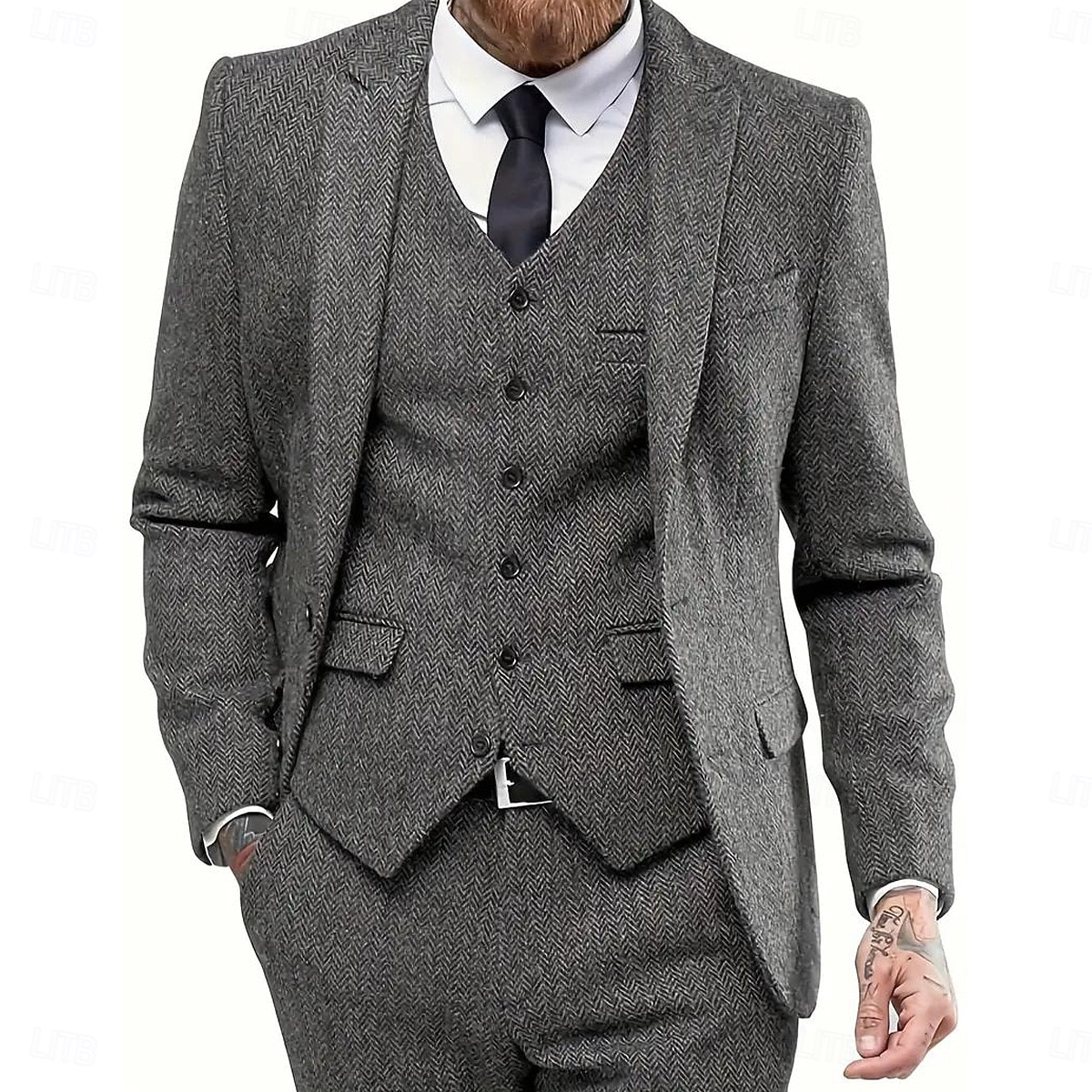 Férfi Hétköznapi Tweed ruhák Hasított rever Stétszürke Előírásos Halszálkás Szabott 3 részes készlet 2025 - $152.99 –P1