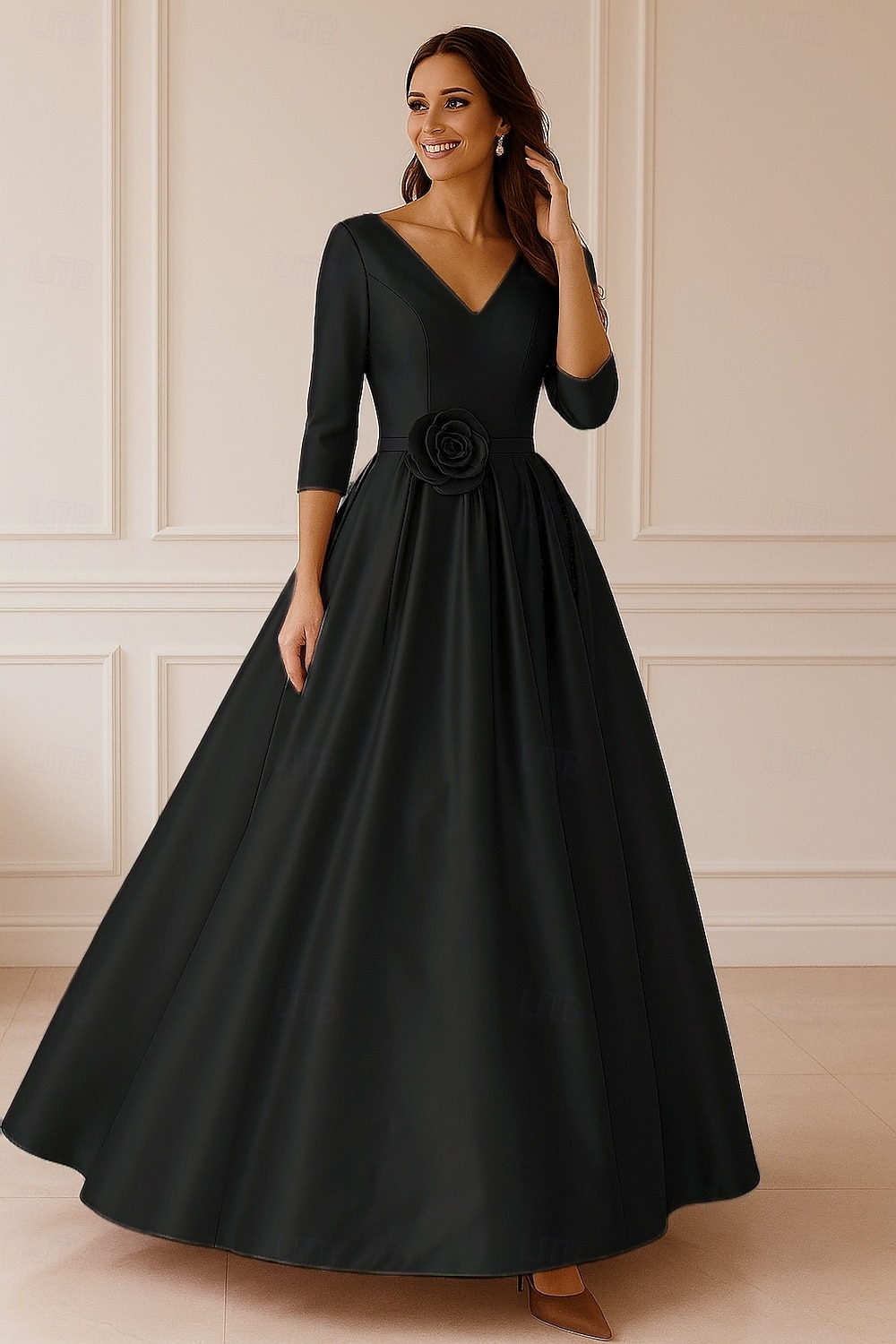 Ligne A Robe de Soirée Élégant Robe de soirée Formel Mariage Longueur au sol Manche 3/4 Col en V Satin Extensible avec Froncé 2025 de 2025 ? $144.99 –P4