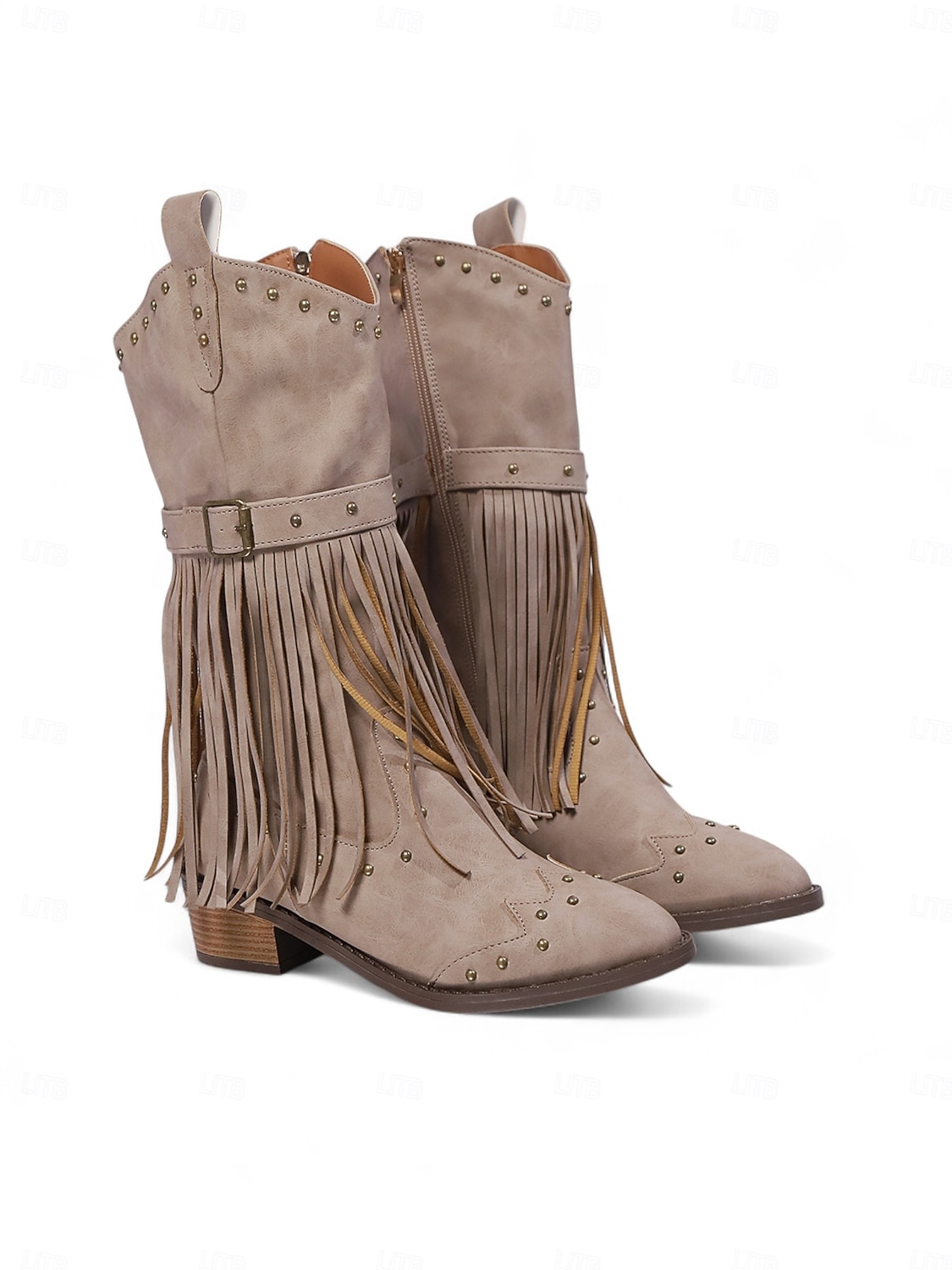 Γυναικείες καφέ μπότες μέχρι το γόνατο με κρόσσια από τεχνητό δέρμα, λεπτομέρειες με τρουκς και χαμηλά τακούνια, μποέμ παπούτσια σε στιλ καουμπόι γουέστερν 2026 - $54.99 –P1