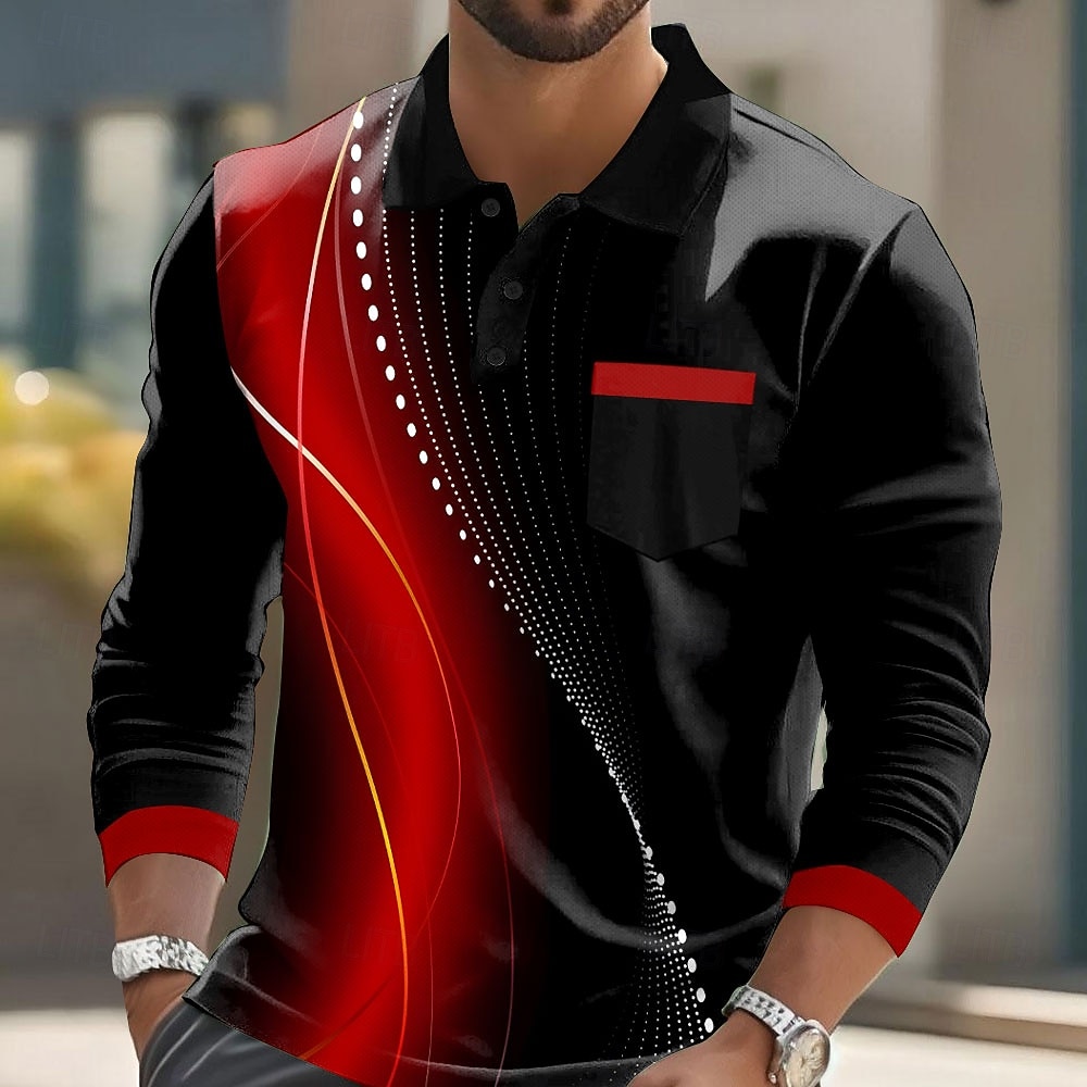 Herre Geometrisk Polo Langermet Poloskjorter Knaphul Fritid Business Casual treningsklær Dagligdagstøy Lomme 3D-utskrift Knapper Vår Høst Sjø blå Rød Blå 2025 - $21.99 –P1