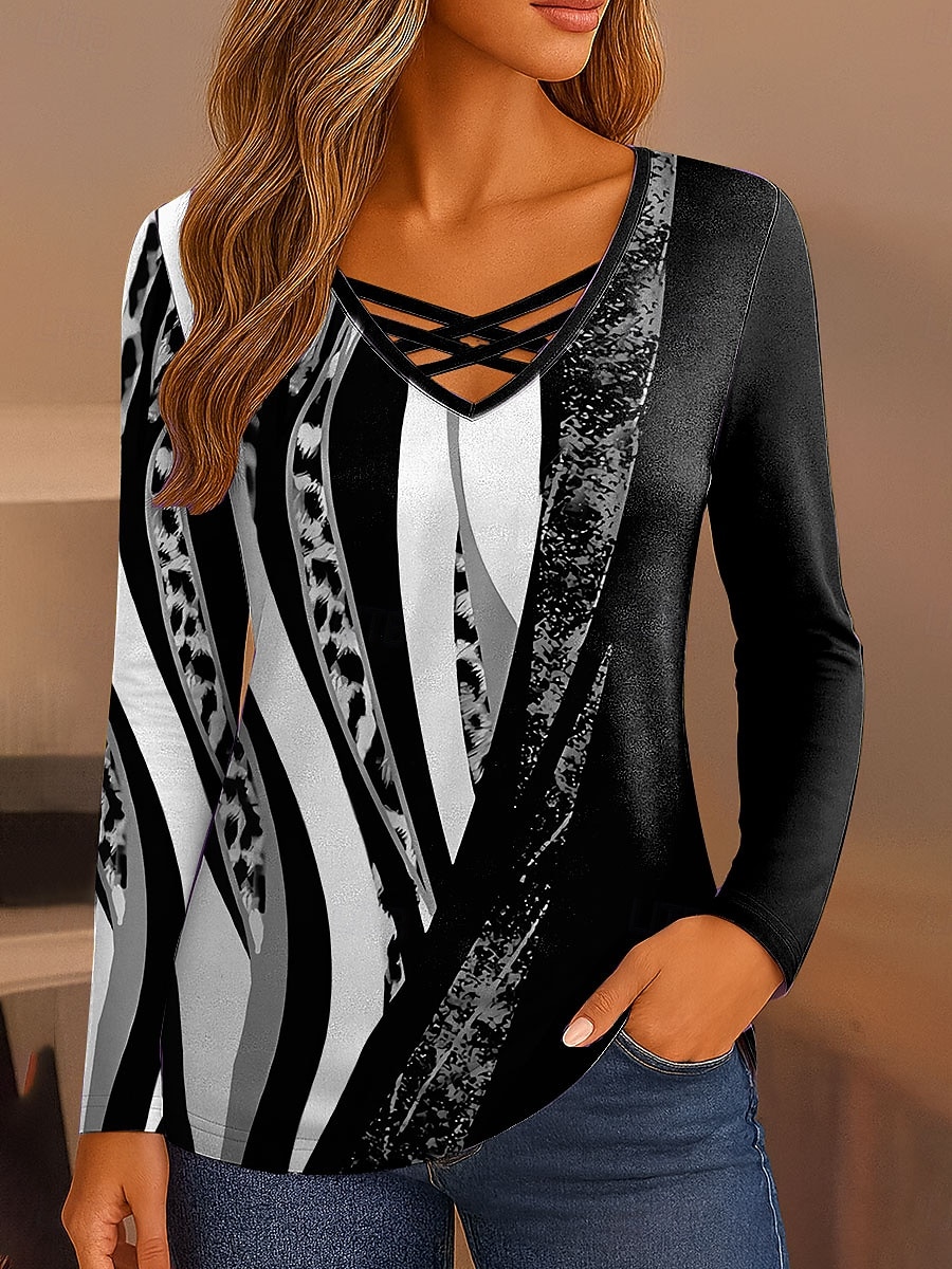 Pentru femei Tricou Grafic Leopard Geometric Epocă Stilat Clasic Manșon Lung În V Topuri obișnuite Zilnic Eliminat Imprimeu Galben Albastru piscină Mov Trifoi Gri Primăvară Toamnă 2025 - $22.99 –P4