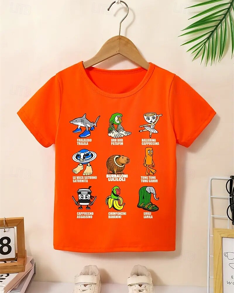 Camiseta engraçada com estampa de Brainrot italiana para meninas - camiseta leve e elástica com tecido elástico leve para crianças de 4 a 12 anos, casual para o dia a dia &roupa de festa de de 2025 por $11.99 –P9