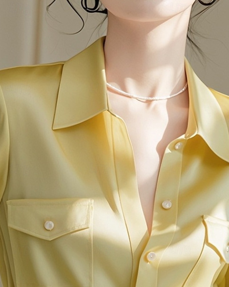 Femmes Chemise Chemisier Uni Actif Élégant manche longue Col de chemise Hauts Réguliers Travail Tenue formelle Avec Poches Boutons Jaune Automne de 2025 ? $31.99 –P2