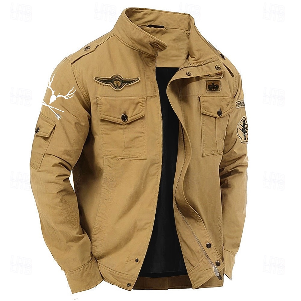 Men's Cotton Embroidered Military Jacket Windbreaker with Shoulder Straps Long Sleeve Standing Collar Multi-Pockets Trucker Jacket US Flag Print Tactical Outerwear 2025 - $49.99 –P3