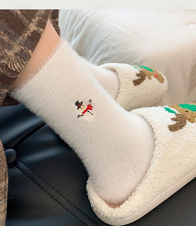 Calcetines navideños de invierno para mujer, calcetines gruesos y cálidos con muñeco de nieve. &Calcetines navideños de felpa de visón blanco acogedores con diseño de Papá Noel y bonitos calcetines 2025 - $7.99 –P11