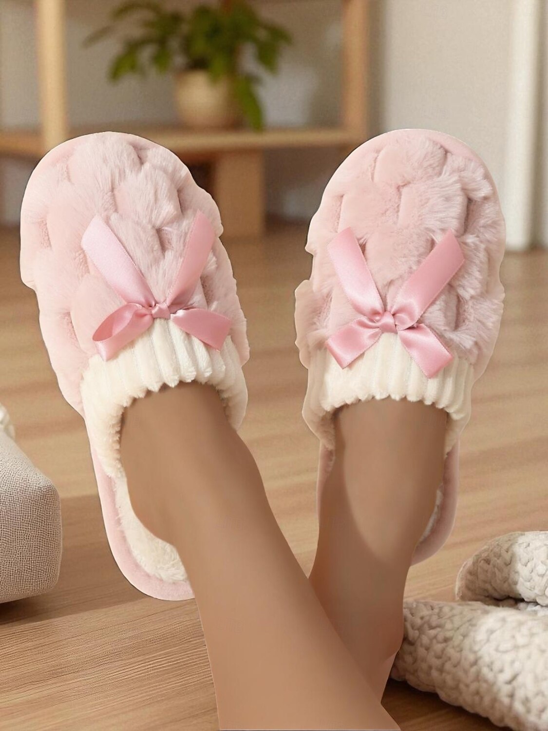 Женские розовые плюшевые домашние тапочки – пушистые зимние тапочки с атласным бантом для спальни, гостиной и уютного дома 2026 - $14.99 –P1