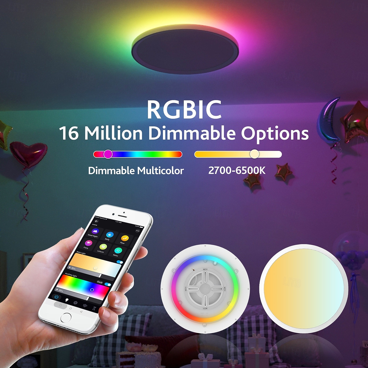 גוף תאורת תקרה חכם RGB LED 2700lm עובד עם Alexa 2700k-6500k גוף תאורה להתקנה שטוחה צבעים DIY WiFi ניתן לעמעום גוף תאורה סביבתי נמוך לחדר שינה, סלון, מסיבה 2025 - $57.99 –P5