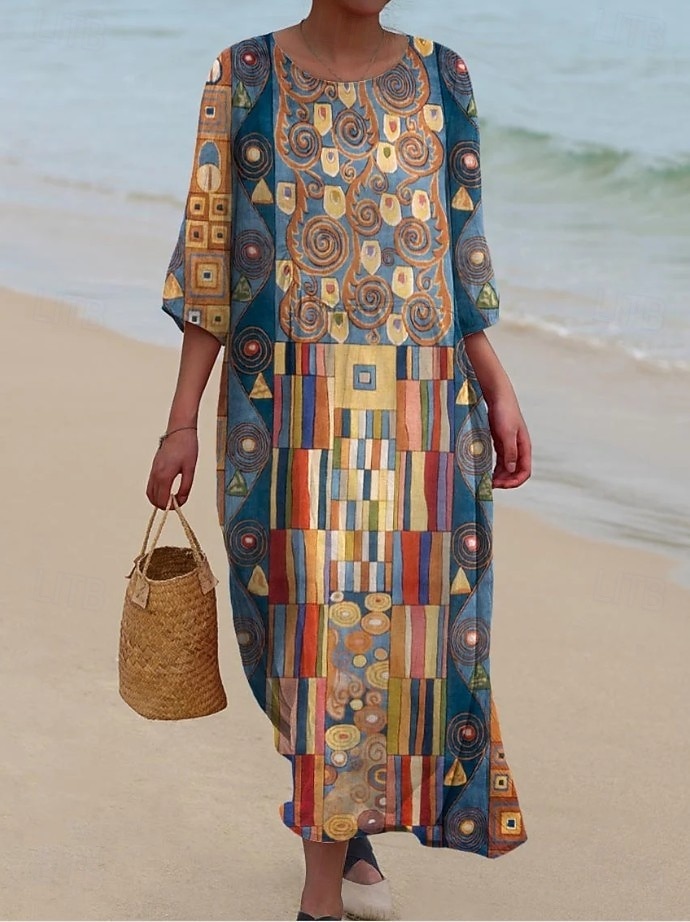 Abito maxi da donna in lino come traspirante leggero kaftano a maniche 3/4 scollo tondo casual abito a trapezio abito boho grafica geometrica giallo rosso marrone chiaro marrone del 2026 a $41.99 –P1