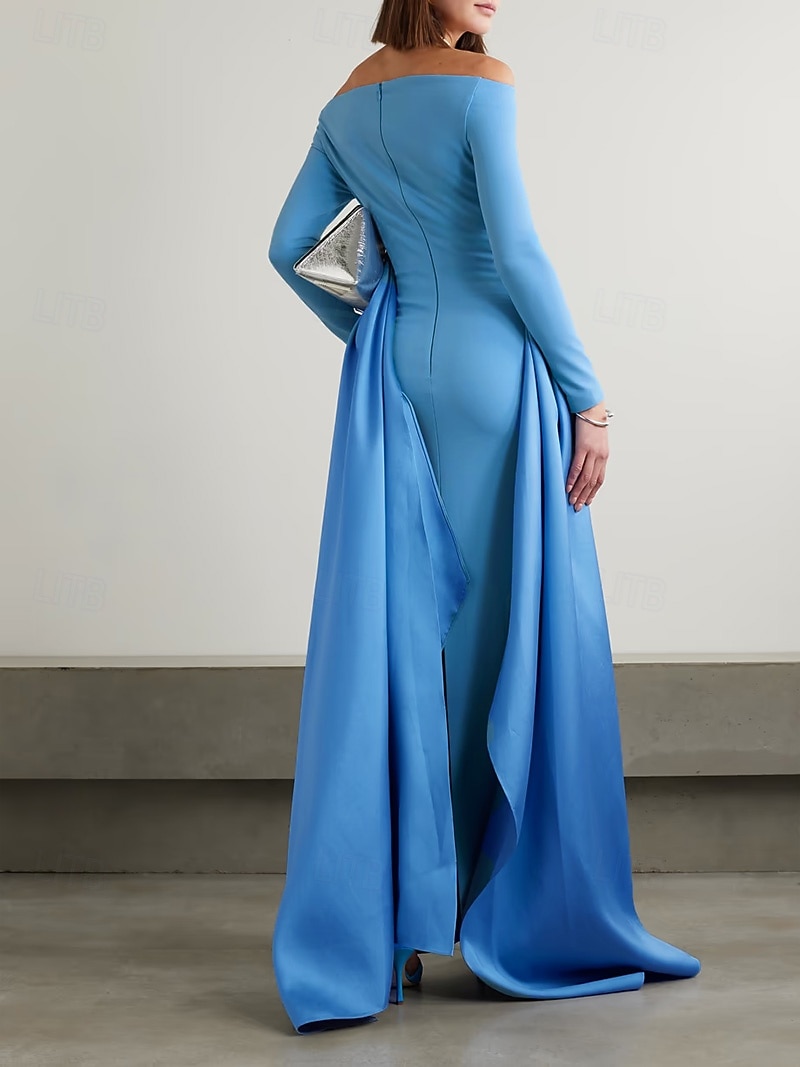 abito da sera a trapezio elegante in crepe elasticizzato con gonna in raso a pieghe formale da sposa lungo fino al pavimento manica lunga spalle scoperte 2025 del 2025 a $149.99 –P5