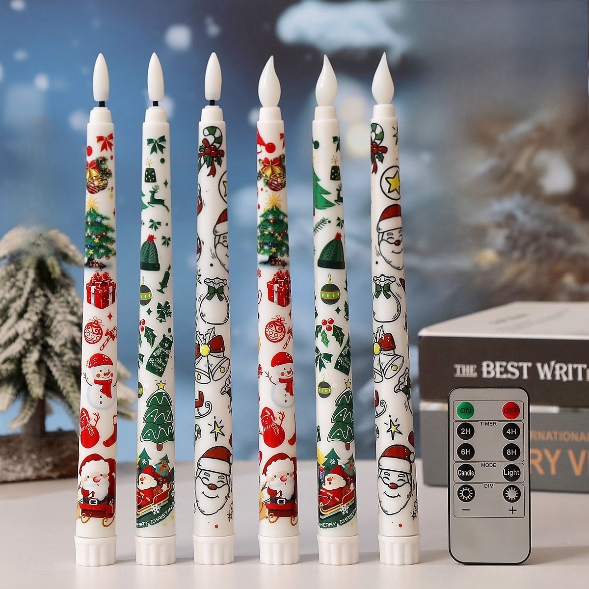 Flammenlose Stabkerzen mit weihnachtlichem Farbmuster, batteriebetrieben mit Fernbedienung und Timer, flackernde LED-Stabkerzen mit 3D-Docht, Weihnachtsmann, Schneemann, Weihnachtsbaum-Aufkleber, 2025 - $17.99 –P8